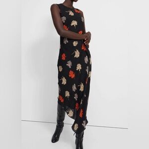 NWT Theory Draped Tuck Silk Carnation Midi Floral Black Red Grey Yellow Dress 2